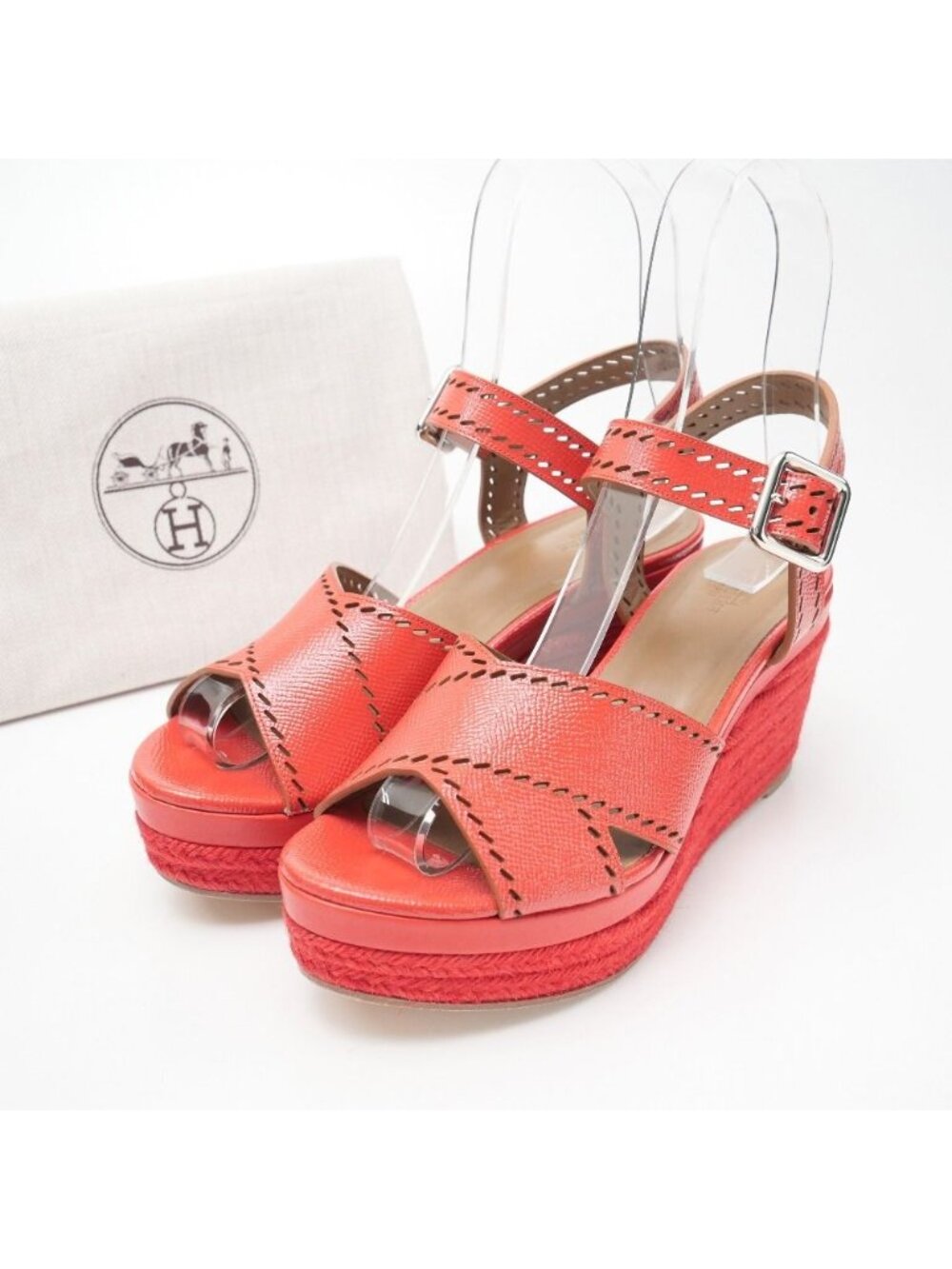 Hermes Espadrille Sandals Ankle Strap Platform Wedge Leather Shoes 37.5